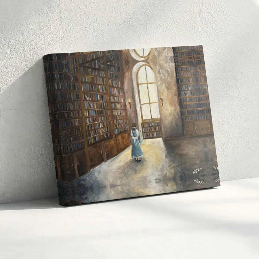 Library Canvas Wall Art | Girl Reading in Sunlit Library Oil Painting | Premium Gallery Wrap Print | Aesthetic Book Lover Home Decor Gift