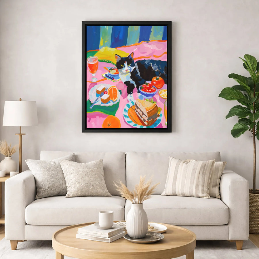 Cat Picnic Painting Canvas | Whimsical Pet Art Print | Gallery-Quality 1.25" Profile | Vibrant Wall Decor Gift for Cat Lovers
