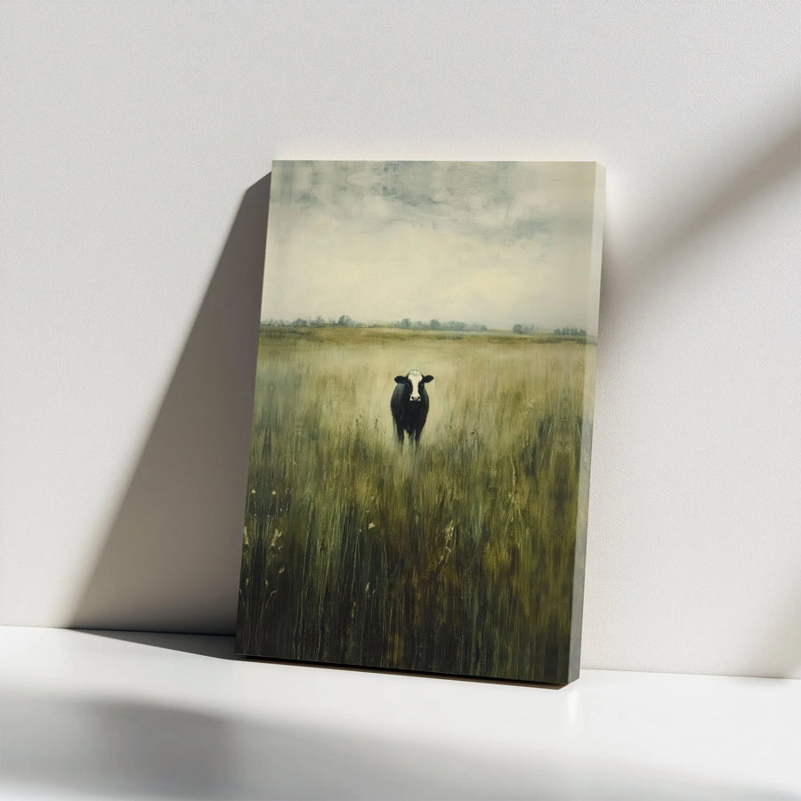 Rustic Cow Painting Canvas Print | Vintage Farmhouse Cow Portrait in Field | Premium Gallery Wrapped Canvas | Modern Farmhouse Living Room Decor Gift