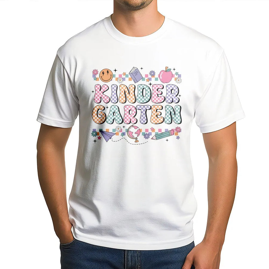 Kindergarten Teacher Shirt | Retro Groovy Back to School Graphic | Premium 100% Cotton Tee | Gift for Elementary Educator