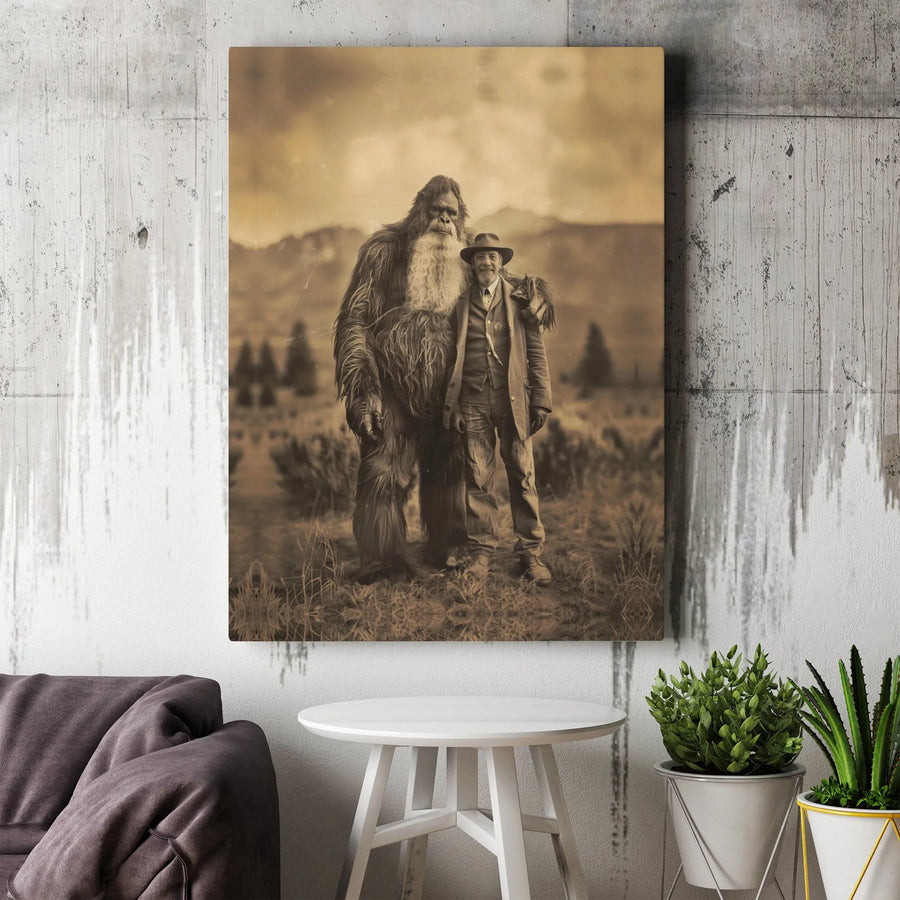 Bigfoot Wall Art Canvas | Vintage Sepia Photograph Print | Premium Gallery Wrap Decor | Unique Sasquatch Gift for Cryptid Lovers