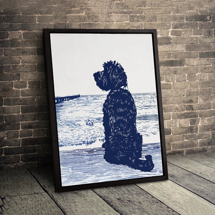 Labradoodle Wall Art | Linocut Ocean Pier Dog Print | Premium 1.25-Inch Gallery Canvas | Coastal Decor Gift for Dog Lovers
