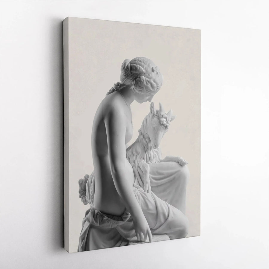 Classical Nymph and Goat Statue Canvas Art | Renaissance Marble Sculpture Print | Premium Gallery Wrapped Wall Decor | Aesthetic Greek Mythology Gift