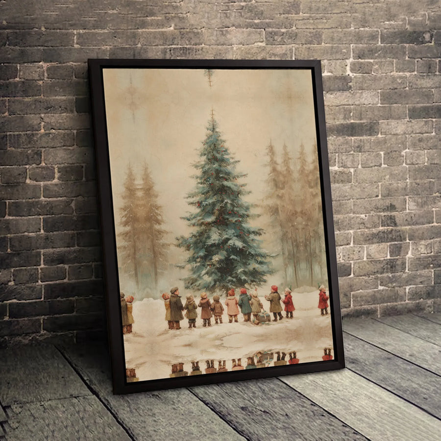 Vintage Christmas Tree Canvas Print | Children in Snowy Forest Artwork | 1.25-Inch Gallery Wrapped Wall Decor | Holiday Home Gift
