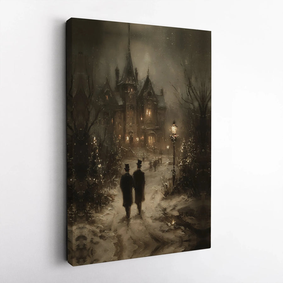 Victorian Mansion Canvas Print | Gothic Snowy Christmas Night Decor | Premium 1.25 Gallery Wrap | Atmospheric Holiday Wall Art for Home