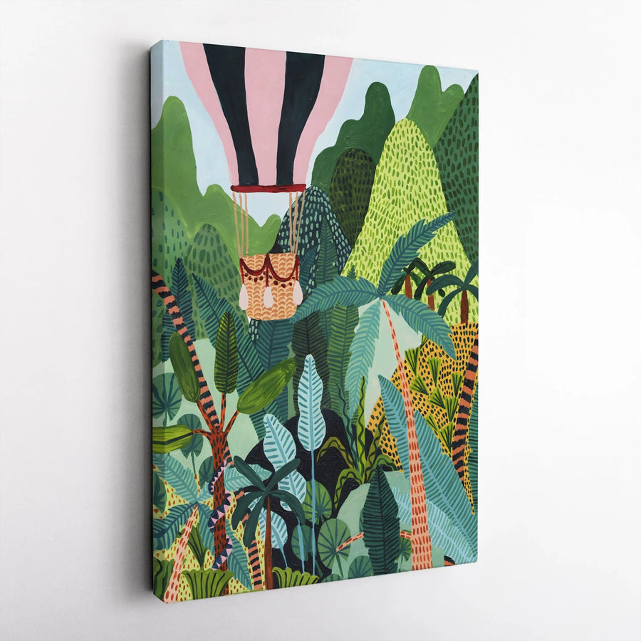 Jungle Hot Air Balloon Canvas Art | Vibrant Tropical Rainforest Illustration | Premium Gallery Wrap Canvas | Adventure Nursery Wall Decor Gift
