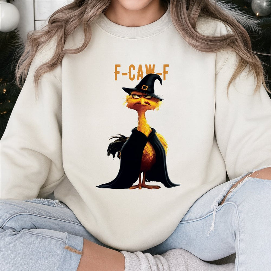 F-Caw-F Witch Chicken Sweatshirt | Funny Halloween Pun Graphic Tee | Premium Cotton Blend Crewneck | Spooky Gift For Bird Lovers