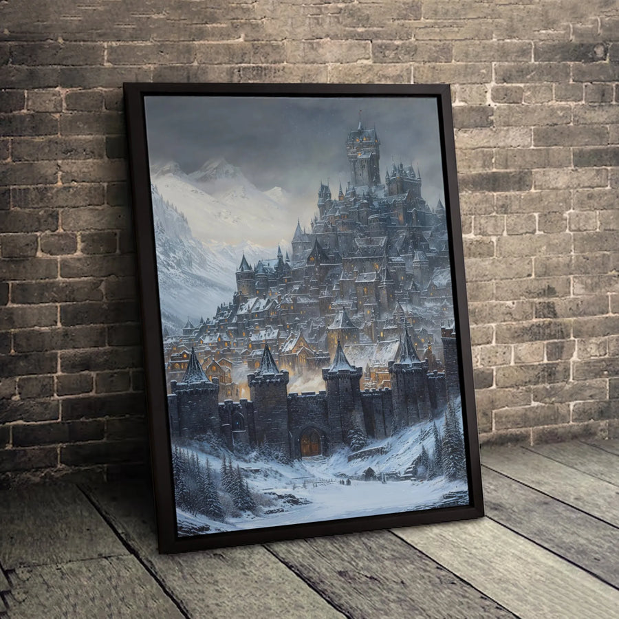 Winter Castle Canvas Wall Art | Snowy Medieval Mountain City Landscape | Premium Gallery Wrapped Print | Fantasy Home Decor Gift for Fantasy Lovers