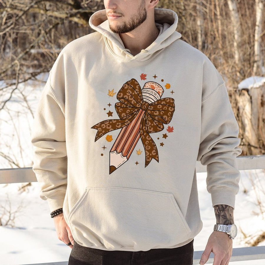 Teacher Fall Hoodie | Leopard Print Pencil Bow Graphic | Soft Cotton-Blend | Coquette Aesthetic Autumn Gift for Teachers