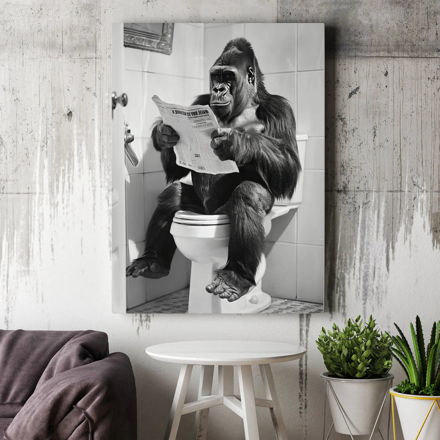 Funny Gorilla Toilet Wall Art | Bathroom Humour Canvas Print | Premium Gallery Wrap Decor | Unique Man Cave Gift for Men