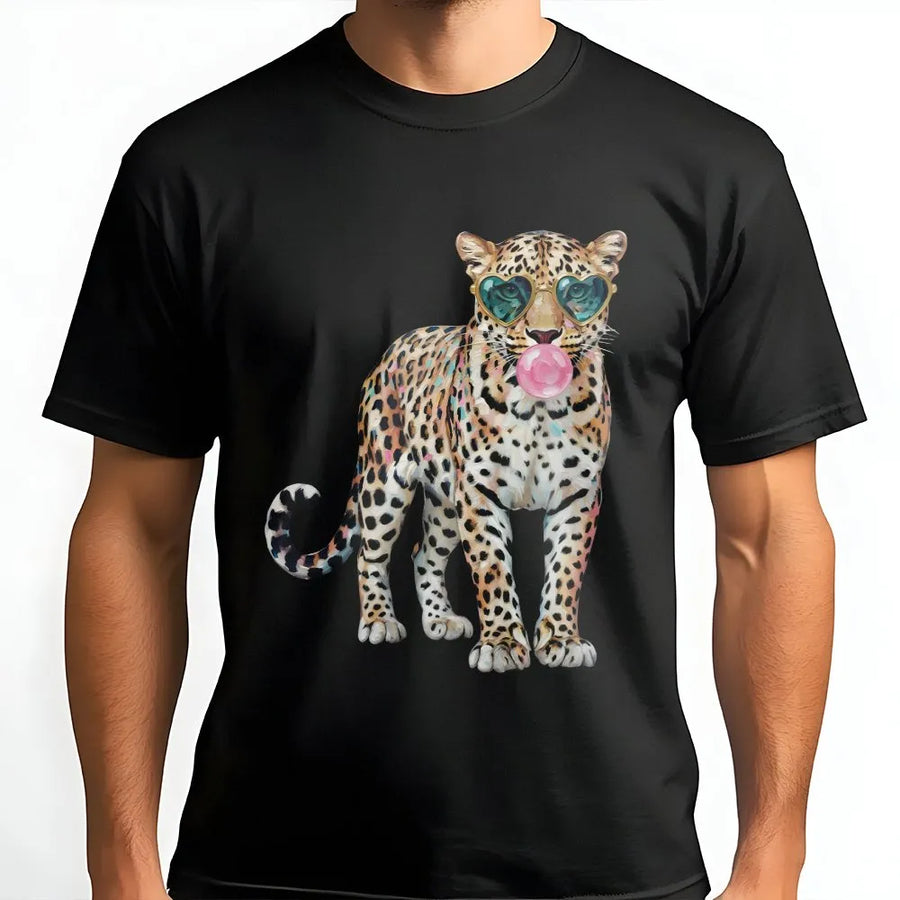 Leopard Bubblegum T-Shirt | Cute Animal Print with Heart Sunglasses | Soft Cozy Pullover | Unisex Gift for Leopard Lovers