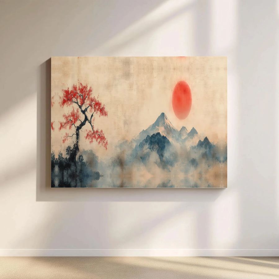 Japanese Ink Painting Canvas Wall Art | Mount Fuji Red Sun Landscape | Premium Fade-Resistant Print | Zen Home Decor Gift for Living Room