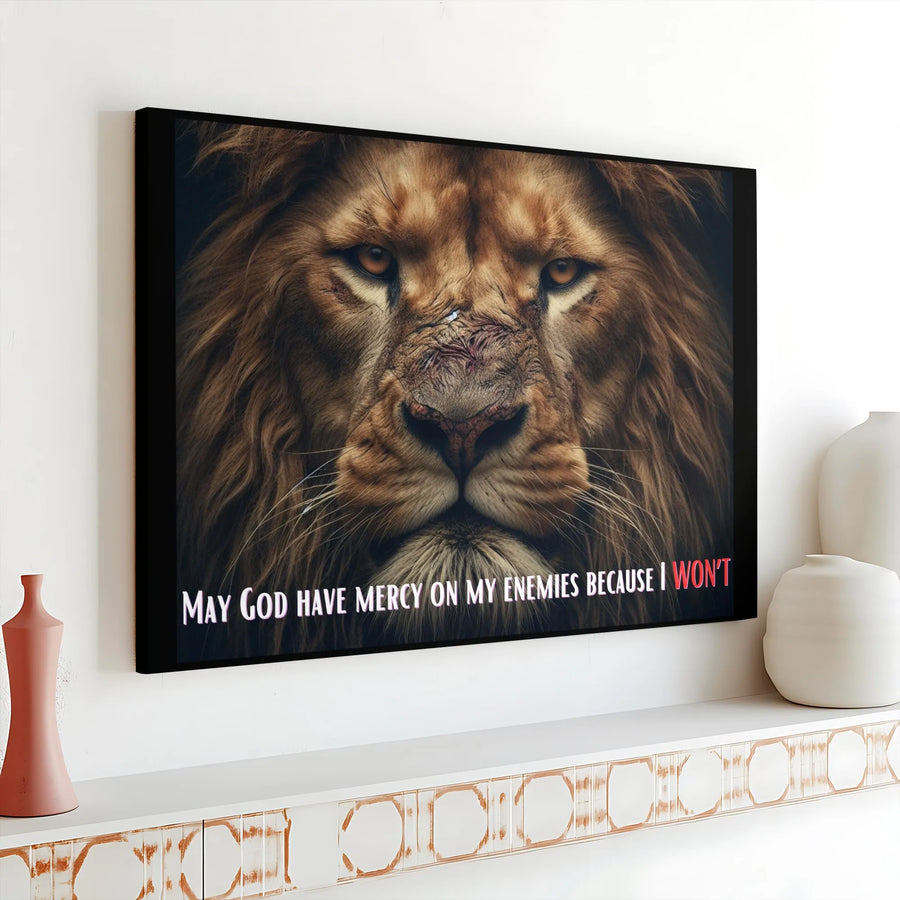 Lion Wall Art | May God Have Mercy On My Enemies Quote | Gallery Wrap 1.25" Premium Canvas | Inspirational Office Decor for Men