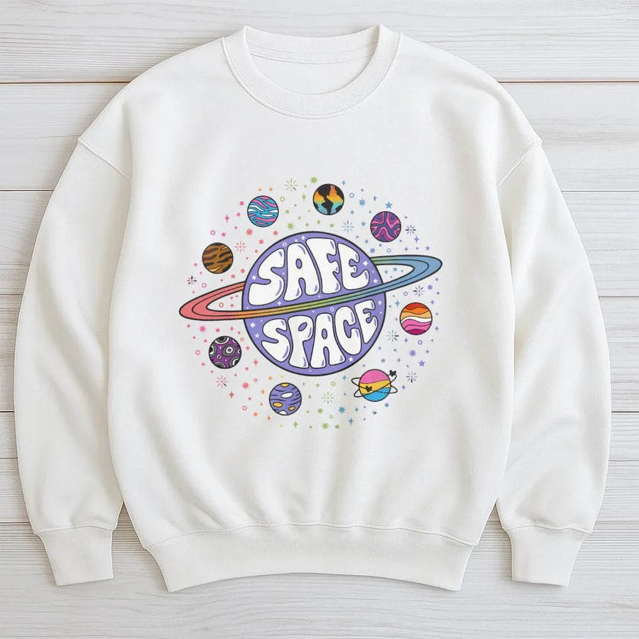 Safe Space Sweatshirt | LGBTQ Pride Planet Graphic | Cotton-Blend Premium Crewneck | Inclusive Gift for Pride Month and Allies