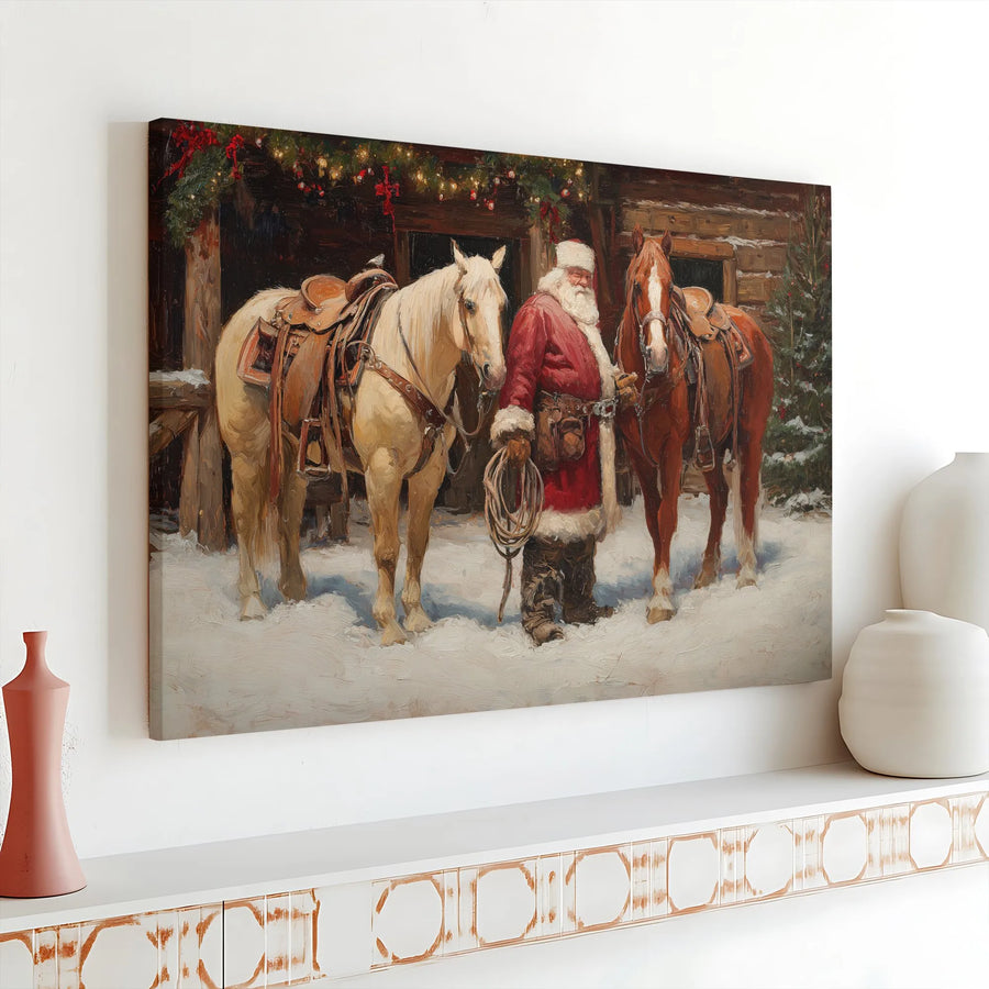 Cowboy Santa Claus Canvas Wall Art | Western Christmas Farmhouse Decor | Premium Gallery Wrap Print | Festive Holiday Gift for Horse Lovers