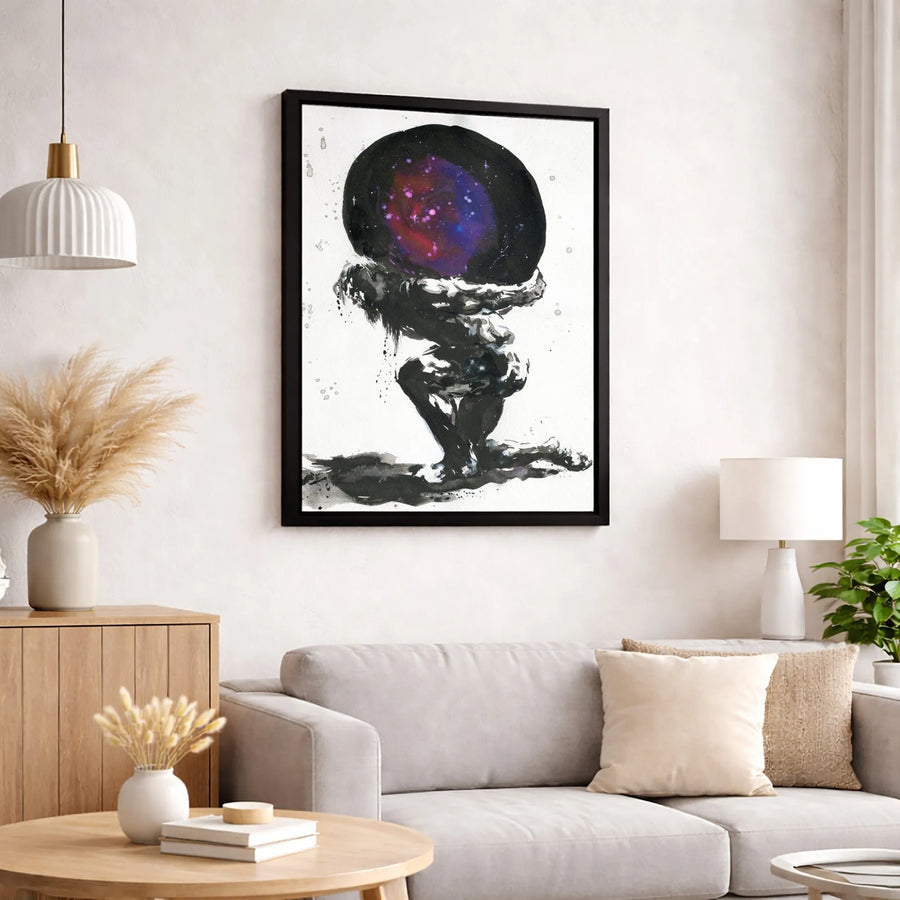 Atlas Holding The Galaxy Canvas Art | Greek Mythology Ink Wash Painting | Premium Gallery Wrap Wall Decor | Mythological Gift For Men