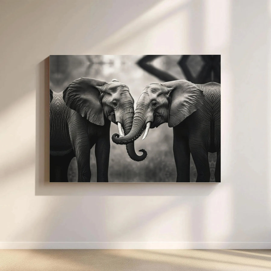 Elephant Canvas Wall Art | Intertwined Trunks Black and White Print | 1.25-inch Premium Gallery Wrap | Modern Home Office Decor Gift