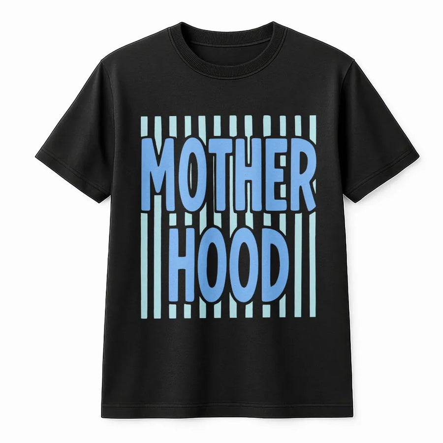 Motherhood Graphic T-Shirt | Striped Preppy Typography Print | Soft Cotton Apparel | Meaningful Mother's Day Gift For New Moms