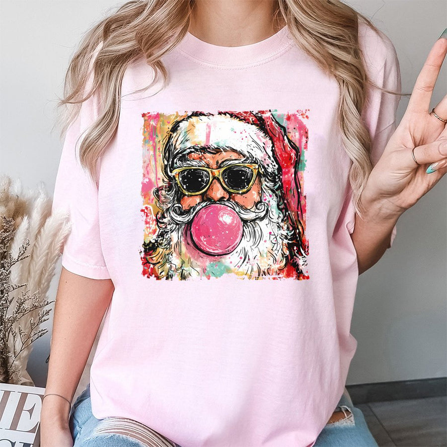 Cool Santa Bubble Gum T-Shirt | Retro Christmas Graphic Art | 100% Cotton Premium Tee | Funny Holiday Gift for Women and Men