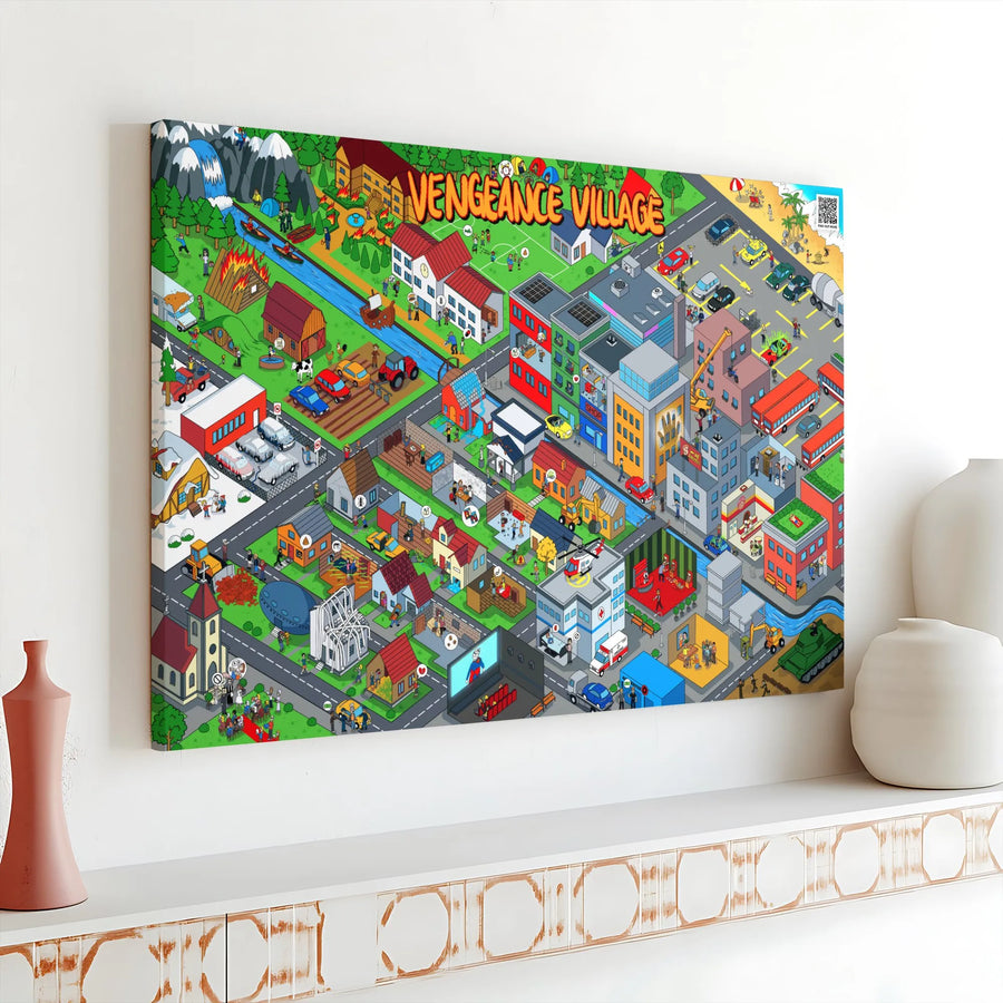 Vengeance Village Canvas Print | Detailed Isometric Seek and Find Art | Premium Gallery Quality Canvas | Unique Game Room Decor Gift