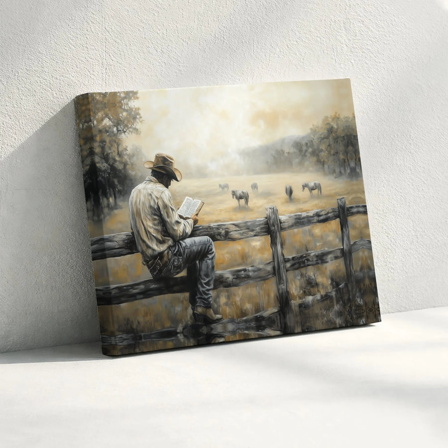 Christian Cowboy Canvas Wall Art | Cowboy Reading Bible on Fence with Horses | Premium Gallery Quality Print | Western Farmhouse Decor Gift for Men