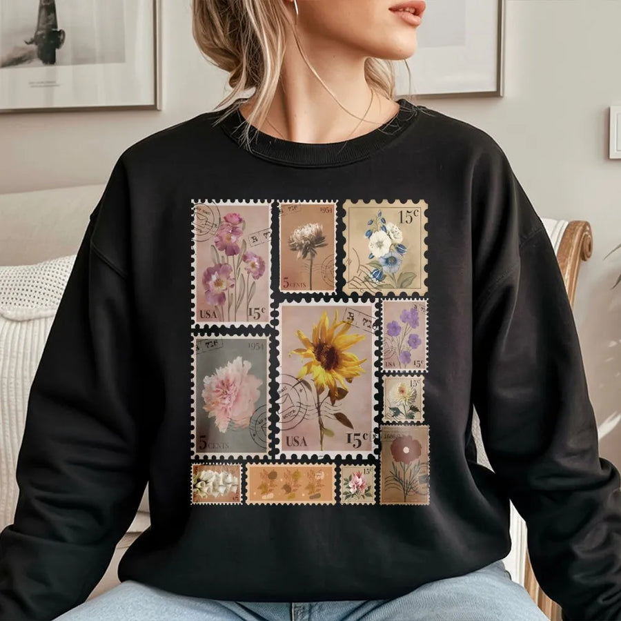 Vintage Floral Stamp Sweatshirt | Retro Postage Stamp Wildflower Graphic | Premium Soft Blend Pullover | Cottagecore Aesthetic Gift for Gardener