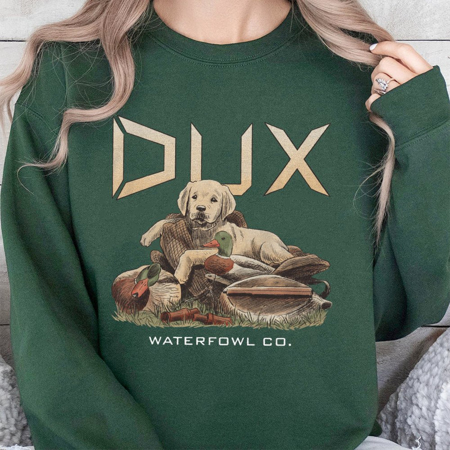 Dux Waterfowl Sweatshirt | Vintage Labrador Retriever Hunting Graphic | Soft Cotton Blend | Gift For Outdoorsmen & Duck Hunters