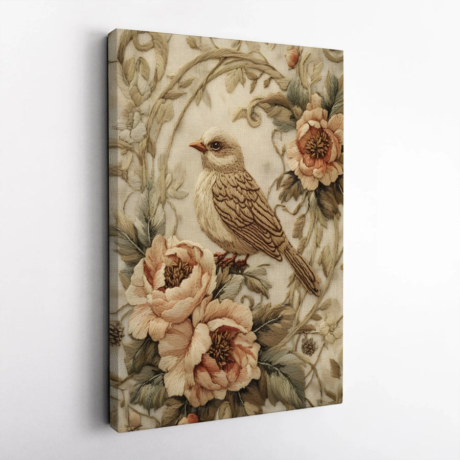 Vintage Bird & Peony Canvas Art | Textured Embroidered Look Print | Premium Gallery Wrap Canvas | Cottagecore Farmhouse Wall Decor Gift