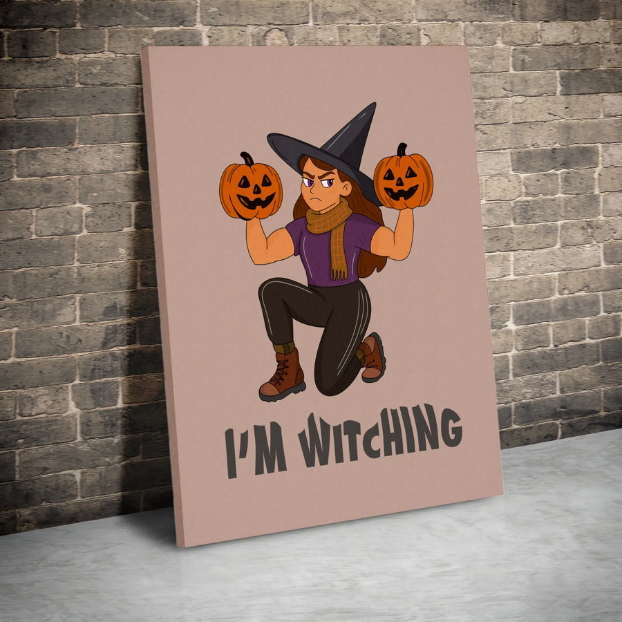 I'm Witching Canvas Wall Art | Muscular Witch Holding Pumpkins Design | Premium Fade-Resistant Print | Funny Halloween Home Decor Gift