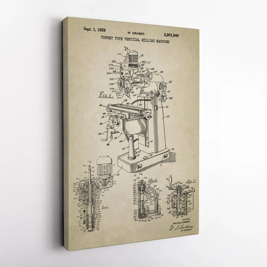 Vintage Milling Machine Patent Vertical Canvas | 1959 Industrial Blueprint Art | Premium Gallery Wrap | Collector's Gift for Machinist Engineer