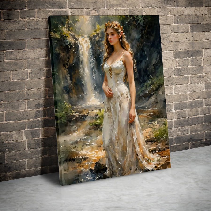 Elf Princess Canvas Wall Art | Ethereal Forest Waterfall Scene | Premium Gallery Wrapped Canvas | Fantasy Lover Gift & Mythical Home Decor