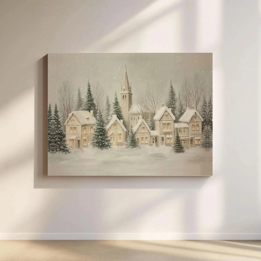 Snowy Christmas Village Canvas Wall Art | Winter Church Landscape Decor | Premium Gallery Wrap Print | Festive Holiday Home Gift