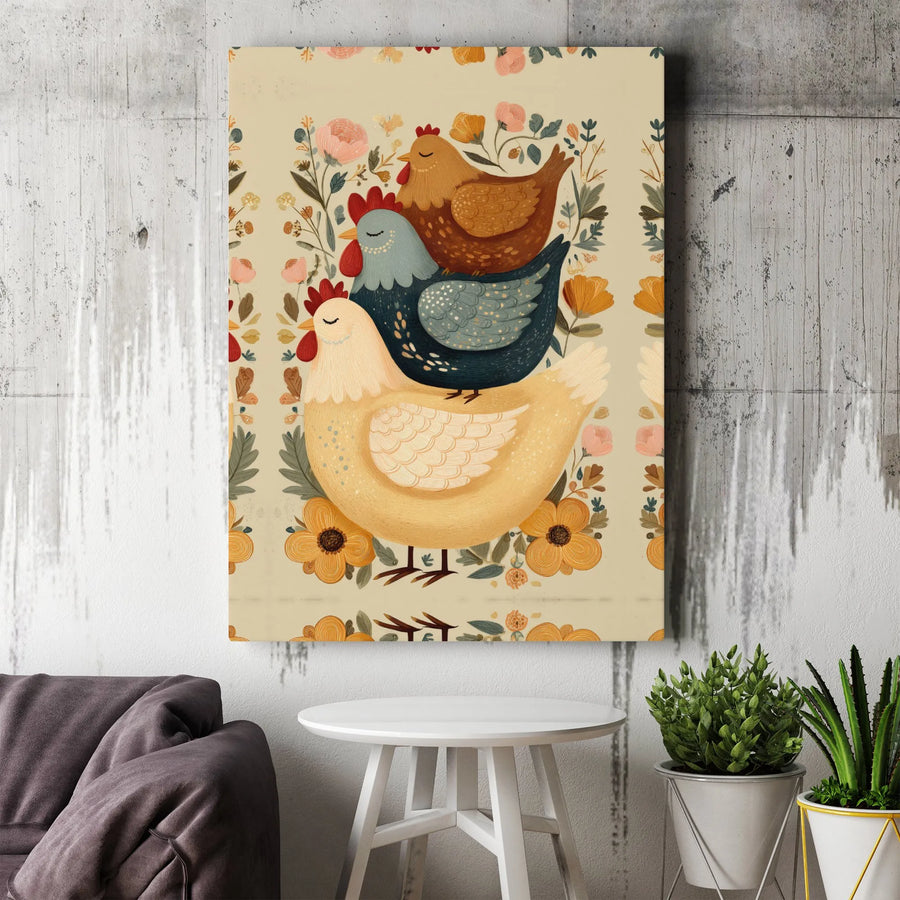 Stacked Chickens Canvas Wall Art | Floral Folk Art Illustration | Premium Gallery Wrap Print | Farmhouse Kitchen Home Decor Gift