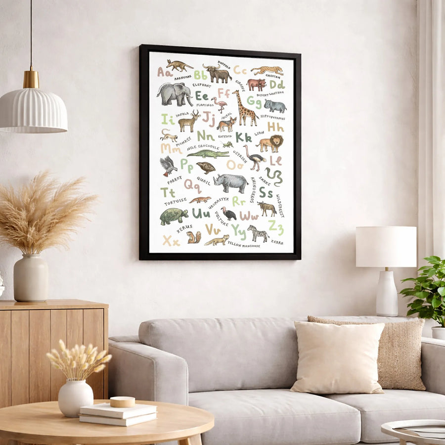 Animal Alphabet Wall Art | Safari Wildlife Watercolor Print | Premium Gallery Wrapped Canvas | Educational Nursery Decor Gift for Kids