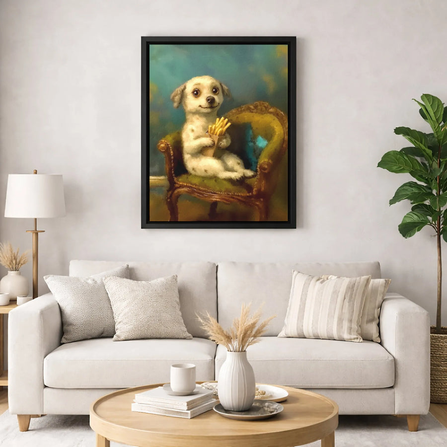 Dog Eating French Fries Canvas Wall Art | Whimsical Puppy Portrait | 1.25-Inch Premium Gallery Wrap | Unique Funny Animal Home Decor Gift