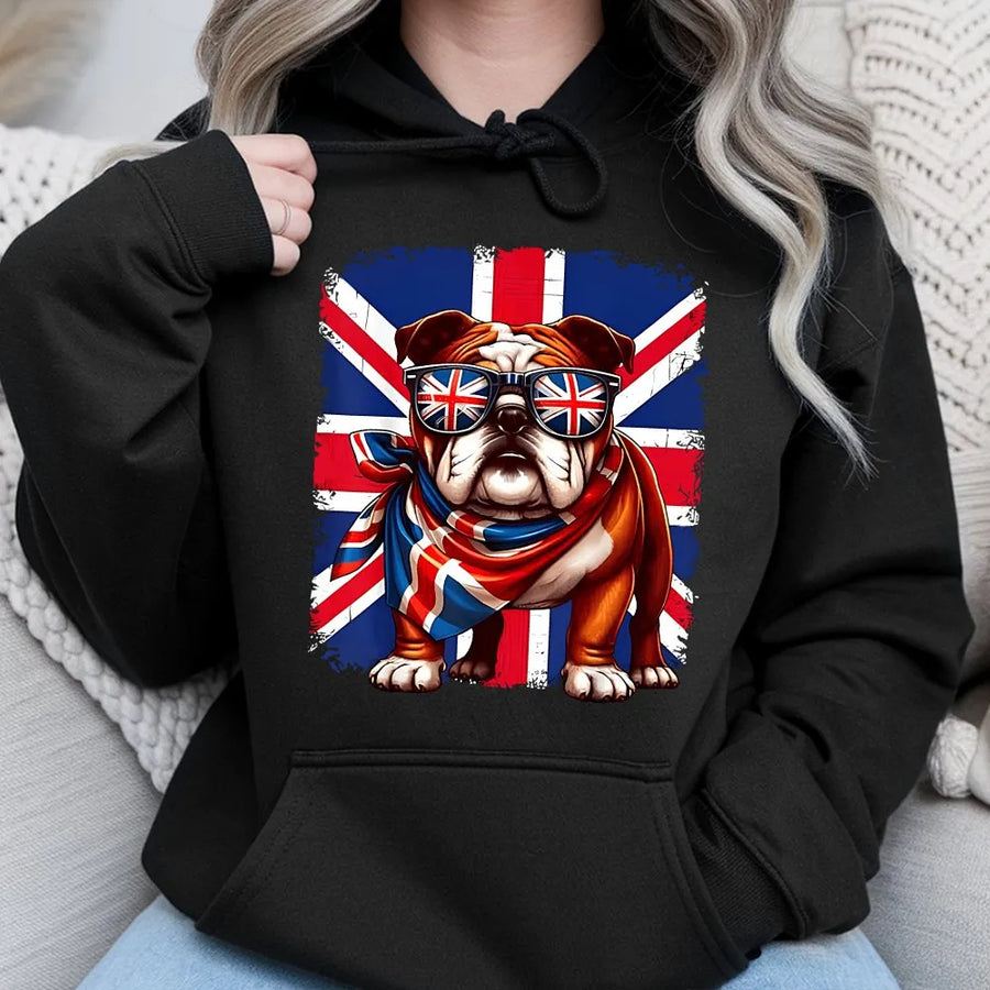 British Bulldog Hoodie | Union Jack Flag Sunglasses Graphic | Premium Cotton Blend | Patriotic UK Dog Lover Gift