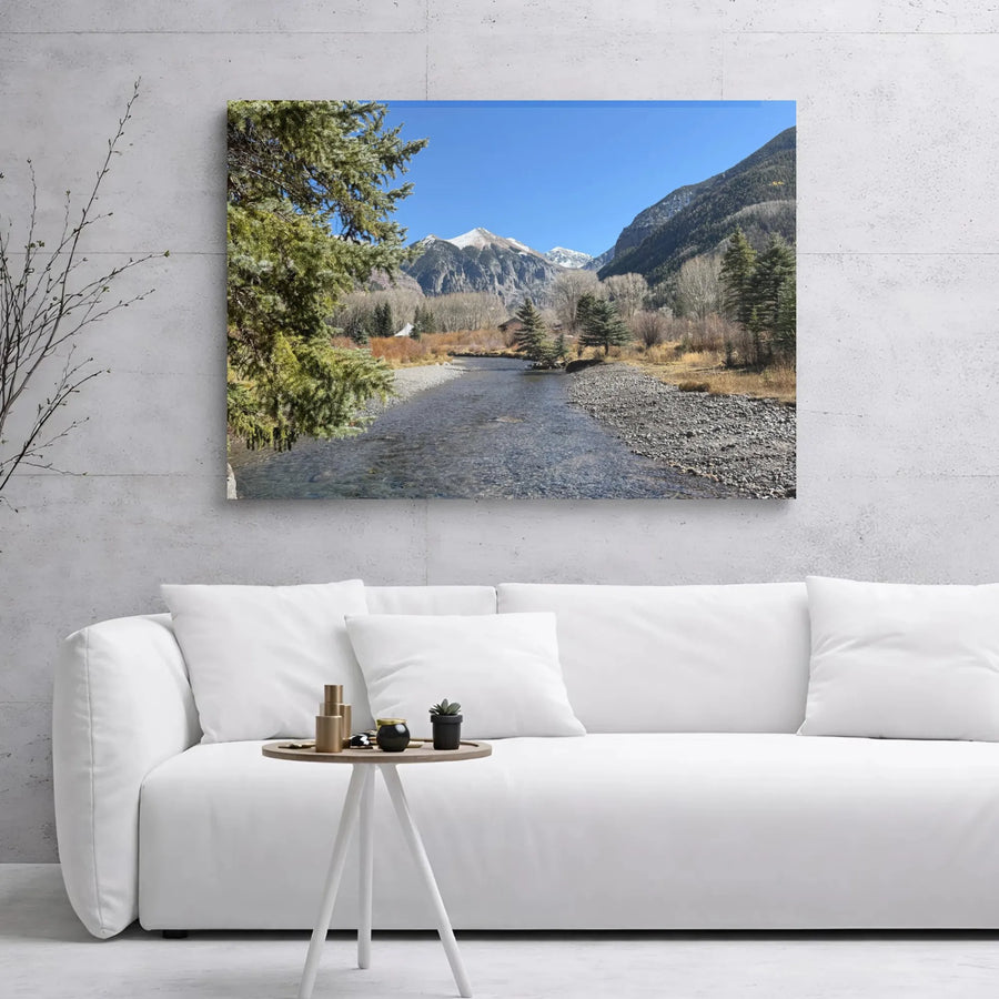 Mountain River Landscape Canvas Art | Snow-Capped Peak Forest Scene | Gallery Wrap Premium Print | Nature Home Decor Gift For Nature Lovers