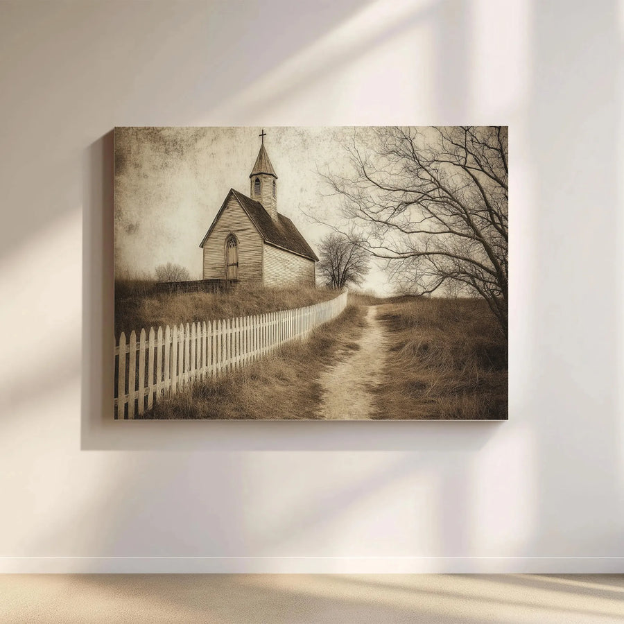 Rustic Church Canvas Wall Art | Vintage Chapel with Picket Fence | Premium Gallery Wrap Canvas | Religious Home Decor Gift