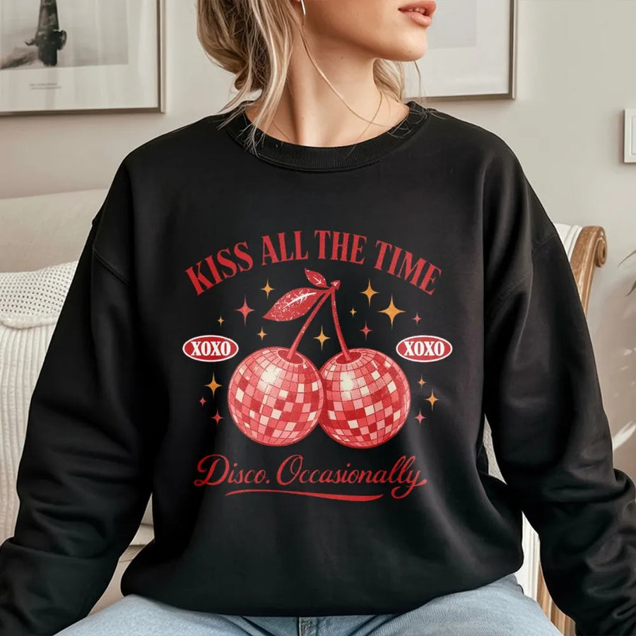 Retro Disco Cherry Sweatshirt | Kiss All The Time Funny Quote | Soft Cotton Blend | Unisex 70s Aesthetic Gift for Music Lovers