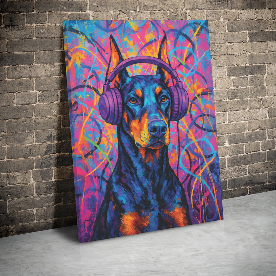 Doberman Wall Art Canvas | Colorful Pop Art Graffiti Music Dog Decor | Premium Gallery Wrap Print | Modern Gift For Dog Lovers
