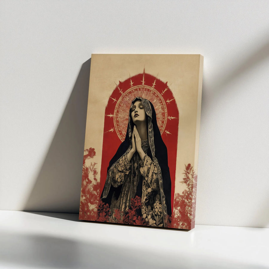 Virgin Mary Canvas Wall Art | Praying Madonna With Red Halo Aesthetic | Premium Gallery-Wrapped Print | Religious Home Decor Gift