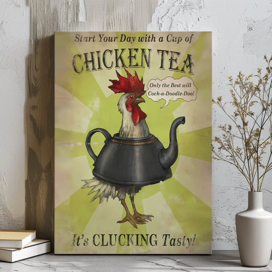 Funny Rooster Wall Art | Whimsical Chicken Teapot Illustration | Premium Gallery Wrapped Canvas | Farmhouse Kitchen Decor Gift