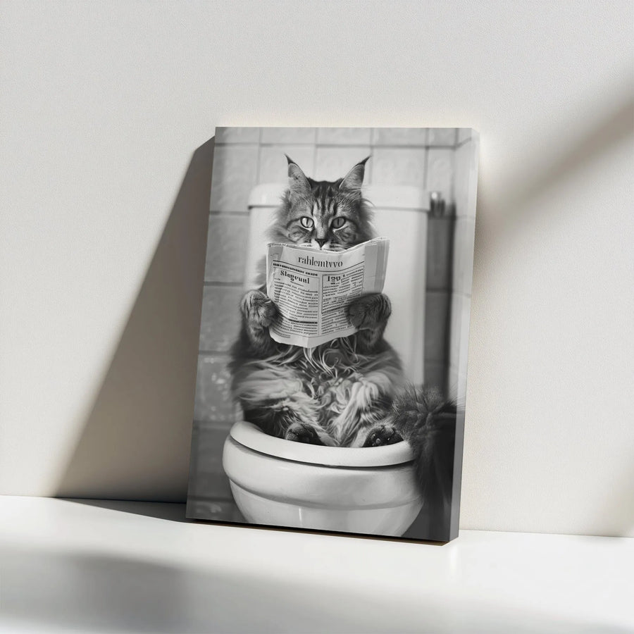 Funny Cat On Toilet Canvas Print | Black and White Animal Photography | Premium Thick Gallery Wrap | Funny Bathroom Decor Gift for Cat Lovers