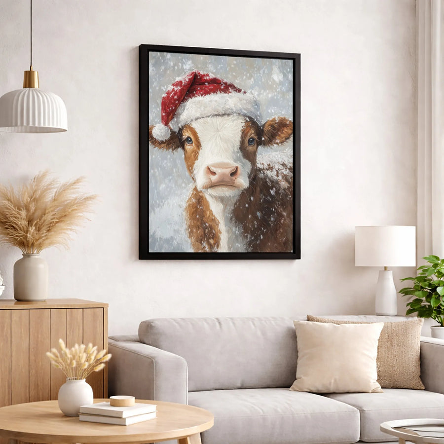 Christmas Cow Canvas Art | Farmhouse Winter Animal Portrait | Premium Gallery Wrapped Print | Holiday Wall Decor Gift for Farm Lovers