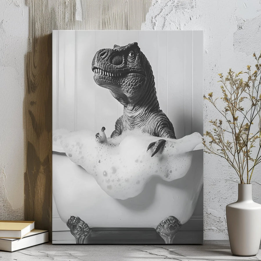 T-Rex Bubble Bath Canvas Wall Art | Funny Dinosaur In Clawfoot Tub | Premium Gallery Wrapped Decor | Unique Bathroom Art Gift For Kids Adults