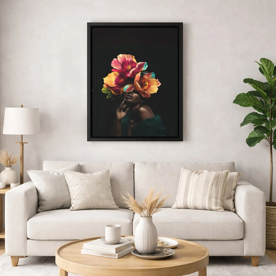 Black Woman Canvas Art | Vibrant Floral Headdress Portrait | Premium 1.25 Inch Gallery Wrap | Modern Home Decor Gift
