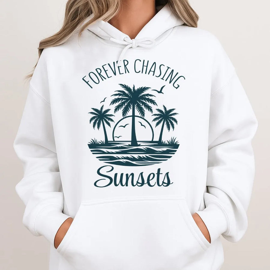 Chasing Sunsets Hoodie | Coastal Palm Tree Graphic Pullover | Soft Cotton Blend | Summer Vacation Gift for Beach Lover