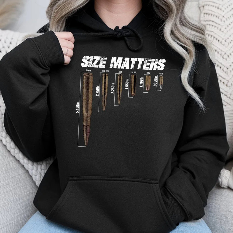 Size Matters Bullet Chart Hoodie | Firearms Enthusiast Graphic Apparel | Premium Cotton Blend Comfort | Patriotic Gift For Shooters & Gun Owners