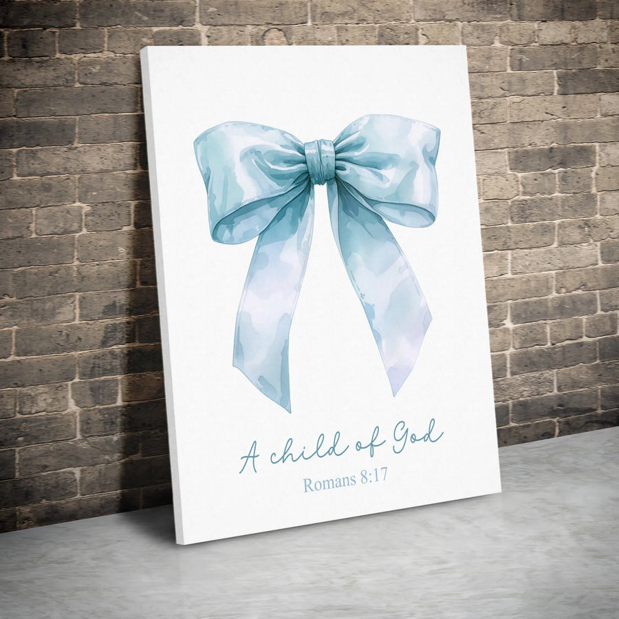 A Child of God Wall Art | Blue Watercolor Bow Aesthetic | Premium Gallery-Wrapped Canvas | Christian Home Decor & Baptism Gift