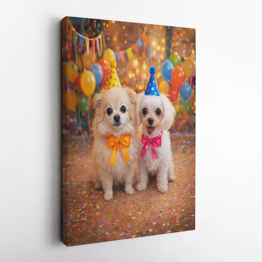 Cute Dog Birthday Party Canvas | Two Fluffy Puppies in Party Hats | Premium Gallery Wrapped Canvas | Gift for Dog Lover & Kids Room Decor